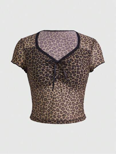 J-Fashion Top con stampa leopardo pizzo a contrasto fiocco frontale mesh