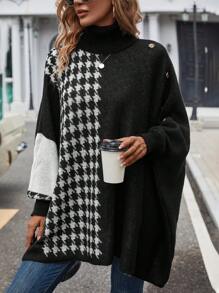SHEIN LUNE Đồ họa Houndstooth Áo cao cổ tay cánh Chi tiết Nút Áo len Poncho - Nhiều màu - Xem 5