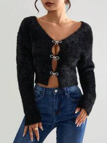 SHEIN Privé Rhinestone Bow Front Crop Fuzzy Cardigan - Black - View 1