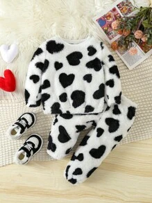 Baby Girls' Lovely Casual Two-sided Fleece Heart Pattern Printed Black And White Outfits For Autumn And Winter - Multicolor - View 1