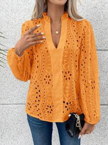 SHEIN Clasi Eyelet Embroidery Frill Trim Lantern Sleeve Notched Neckline Blouse