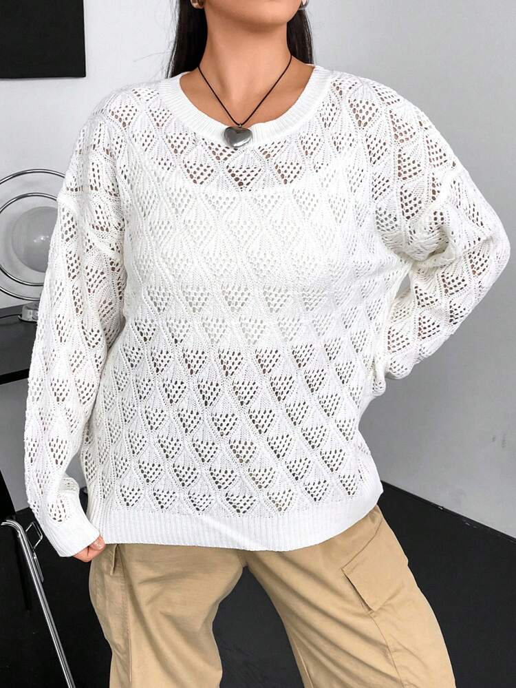Plus Size Knitted Sweater With Textured Picking Holes, Pullover Style Fall Winter