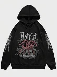 ROMWE MEN Street Life Men Spider & Letter Graphic Drawstring Hoodie - Black - View 1