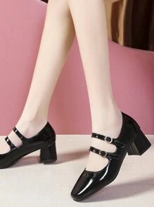 新款高跟瑪麗珍小方形黑色復古法語PU皮革鞋