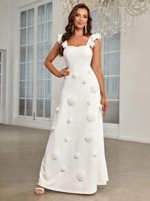 SHEIN Belle Appliques Ruffle Trim Maxi Formal Dress - White - View 4
