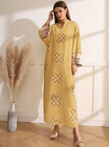 Al Najma Vestido De Manga Larga Con Cuello En V Y Estampado Floral Para Mujer - Amarillo - Ver 5