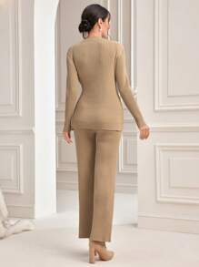 Modelyn Bọc Nút ven Áo len Mở & Quần dệt kim - Lạc đà - Xem 2