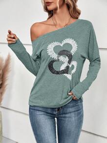SHEIN LUNE Camiseta con estampado de corazón de cuello asimétrico - Verde Oscuro - Ver 6