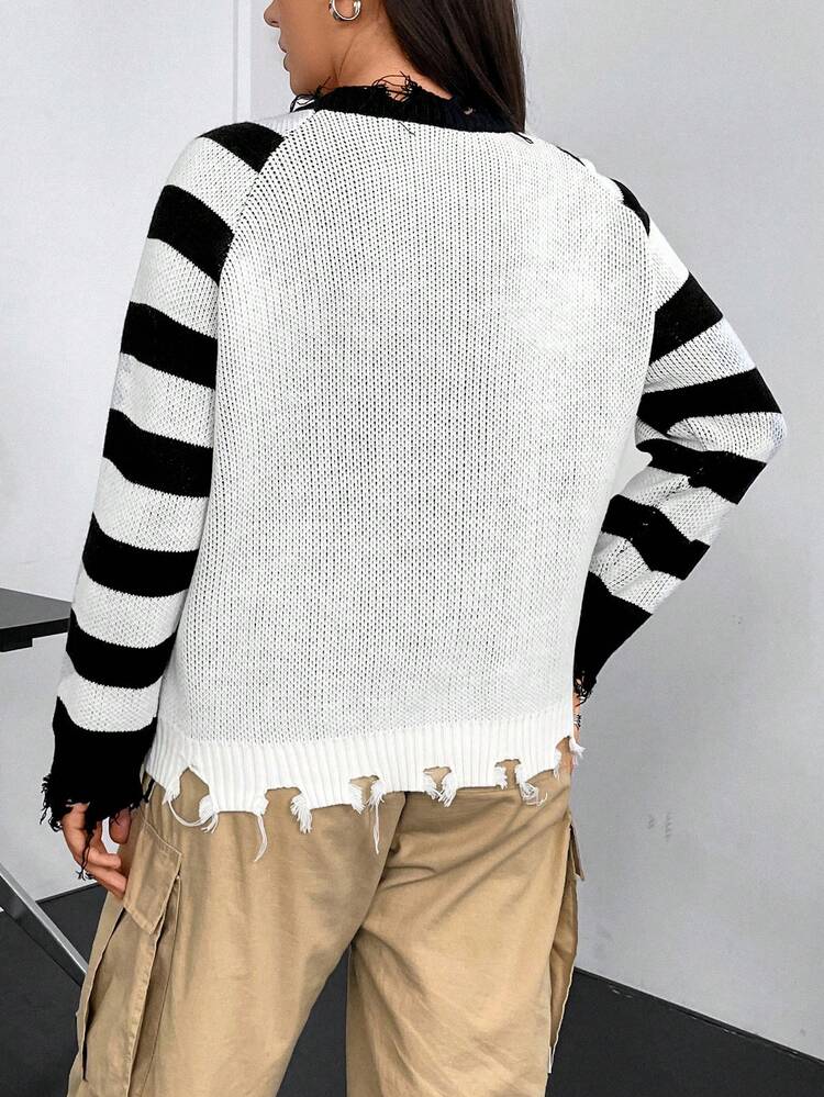 Plus Slogan & Star Pattern Striped Raglan Sleeve Distressed Trim Sweater Knit Pullover Fall Winter Sweater