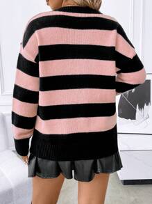 SHEIN LUNE Plus Colorblock Lace Up Front Drop Shoulder Sweater Knit Pullover Fall Winter Sweater - Multicolor - View 2