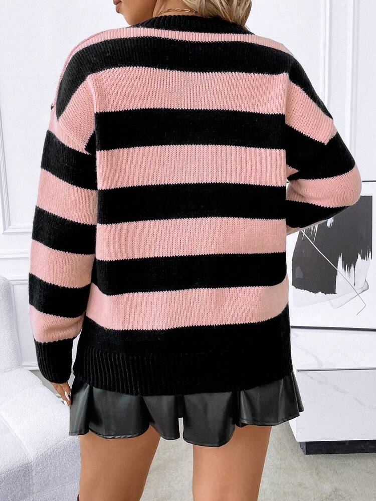 Plus Colorblock Lace Up Front Drop Shoulder Sweater Knit Pullover Fall Winter Sweater