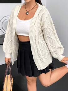 Flirla Plus Cable Knit Drop Shoulder Hooded Duster Cardigan - Beige - View 1