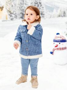 SHEIN Infant Girls' Casual Thermal Lined Long Coat With Lapel Collar And Belt