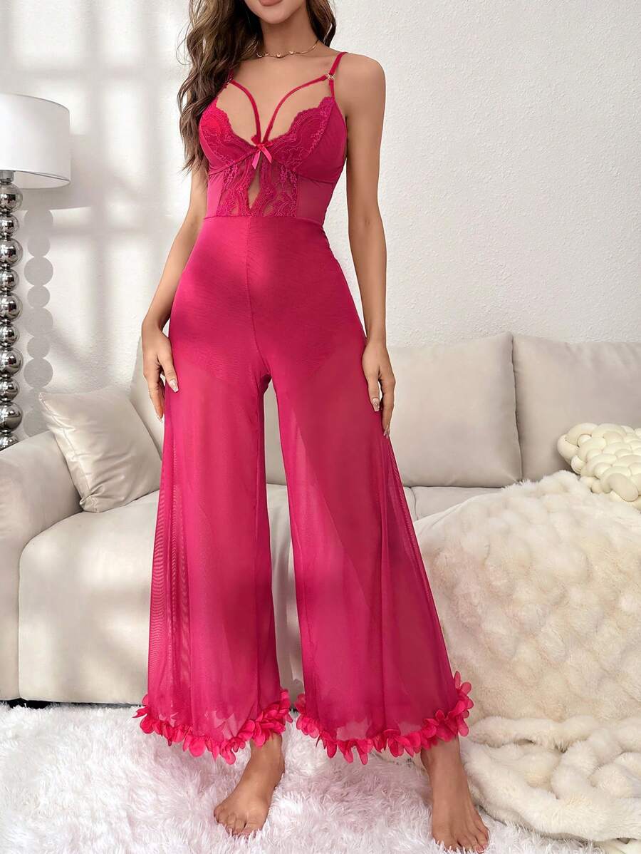 Mono de tirantes con encaje en contraste con diseño aplique de malla - Rosa Fucsia - Ver 1