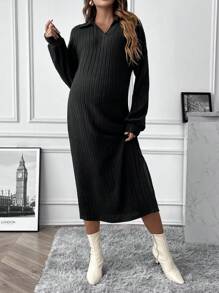 SHEIN 孕婦高衩燈籠袖條紋針織洋裝 - 黑色 - 查看 6