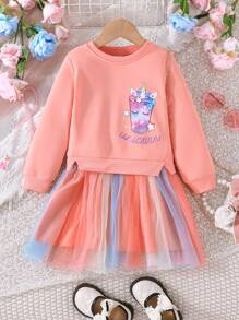 SHEIN Young Girl Cartoon Graphic Contrast Mesh Hem Dress - Pink - View 7