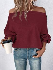 SHEIN LUNE Off Shoulder Button Detail Sweatshirt - Burgundy - View 5