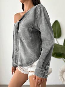 EURMUSE Ladies' Asymmetrical Collar, Button Through, Denim Top With Patch Pockets - Grey - View 3