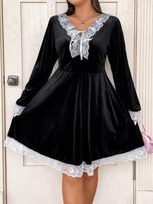 Flirla 大碼蕾絲拼接前繫帶絲絨洋裝 - 黑色 - 查看 5