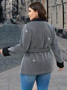 SHEIN Unity 大碼西裝領腰帶花呢外套 - 黑色 - 查看 2