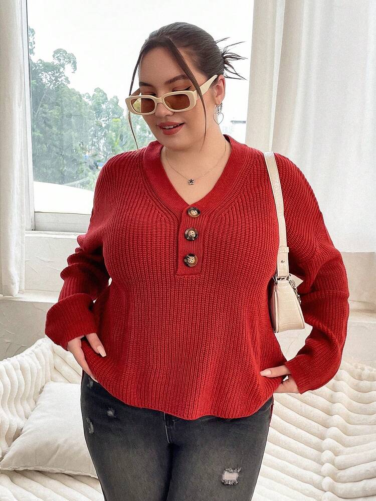 Plus Button Front Drop Shoulder Sweater Knit Pullover Fall Winter Sweater
