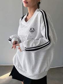 Dazy Star Letter Graphic Striped Side Drop Shoulder Sweatshirt - Light Grey - View 1