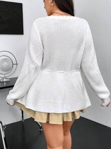 Flirla Suéter de Tricô com Bainha Recortada, Cintura com Cordão, Babado, Outono Inverno - Branco - Visão 2