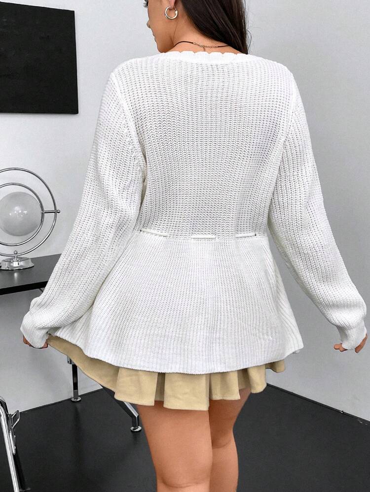 Plus Scallop Trim Drawstring Waist Peplum Sweater Knit Pullover Fall Winter Sweater