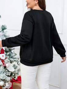 SHEIN LUNE Plus 雪花印花落肩運動衫保暖 - 黑色 - 查看 2