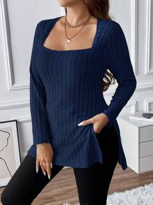 Calvaya Plus Queen Anne Neckline Split Hem Ribbed Knit Tee - Navy Blue - View 5