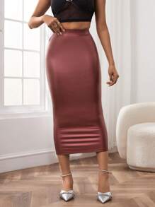 SHEIN PETITE Eo đàn hồi Chất rắn Váy bút chì - Đỏ - Xem 3