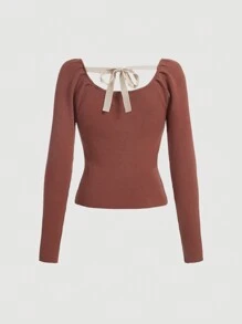SHEIN MOD Solid Tie Back Puff Sleeve Sweater - Rust Brown - View 2