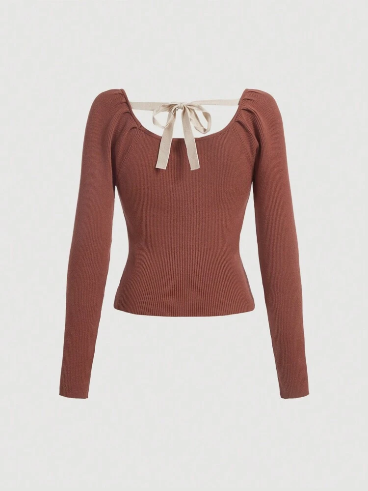 Solid Tie Back Puff Sleeve Sweater