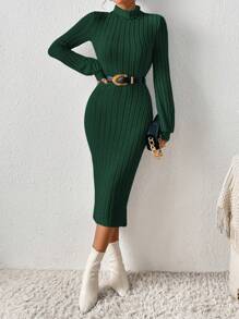 SHEIN Frenchy Turtleneck Lantern Dress With Sleeves Sleeve Ribbed Knit Bodycon Dress Without Belt Winter Elegant Evening Dress - Dark Green - View 1