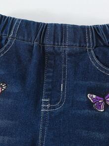 Young Girl Butterfly Embroidery Bow Front Flare Leg Jeans - Dark Wash - View 6
