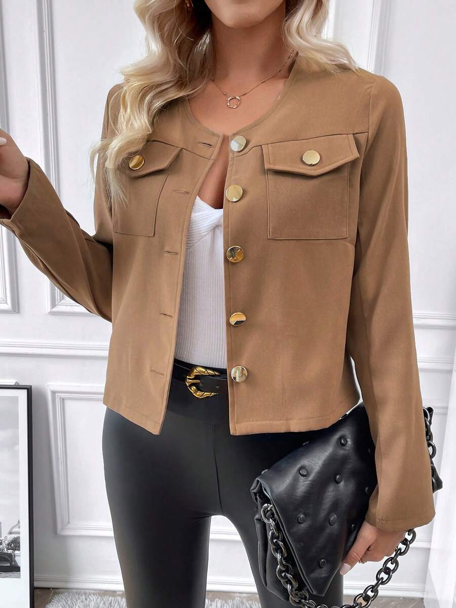 SHEIN Essnce Túi có nắp Nút phía trước Áo khoác - Màu Khaki - Xem 1