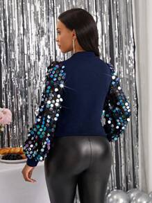 SHEIN Lady 亮片拼接燈籠袖小高領上衣 - 彩色 - 查看 2