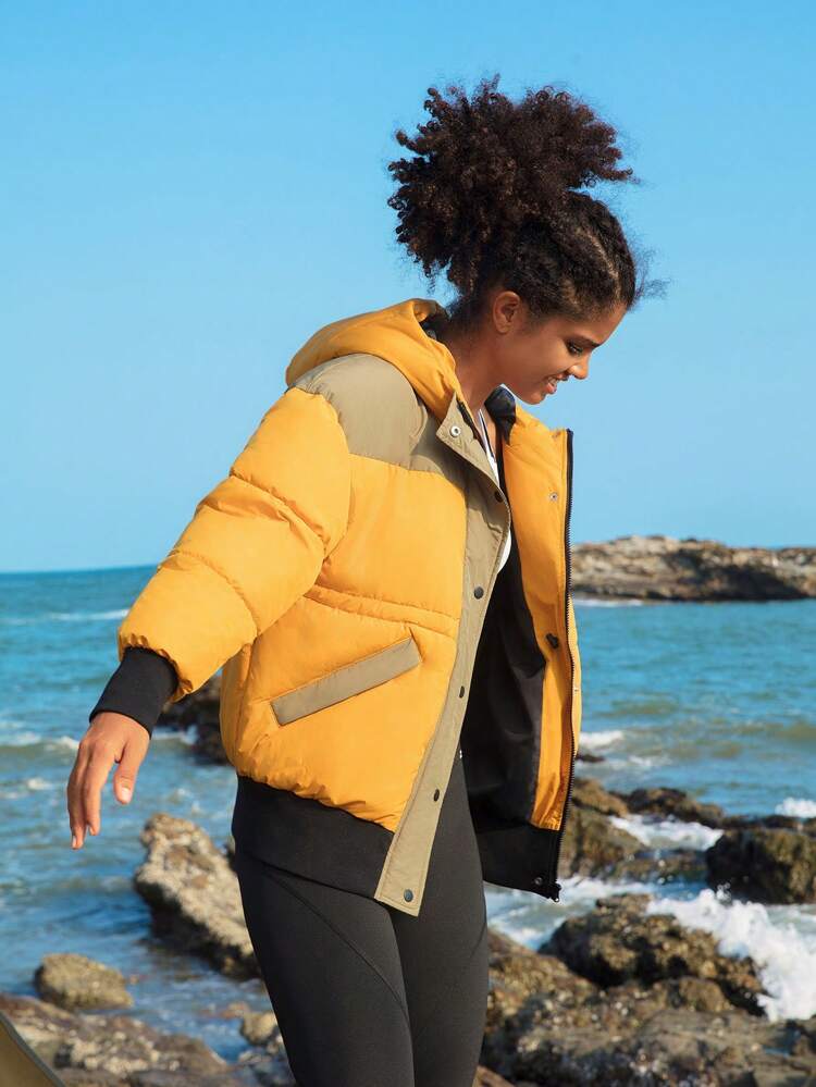 Colorblock Hooded Padded Coat