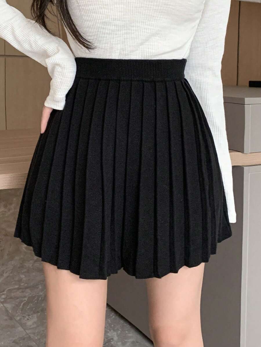 Dazy Star Solid Pleated Sweater Skirt - Black - View 1