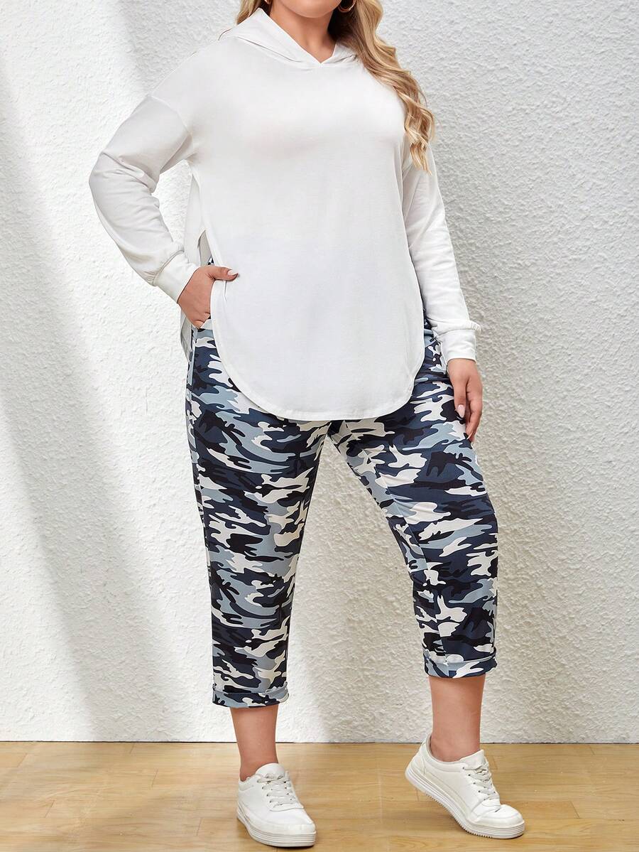 SHEIN LUNE 大碼弧形下擺連帽衫&迷彩印花長褲 - 灰色 - 查看 1