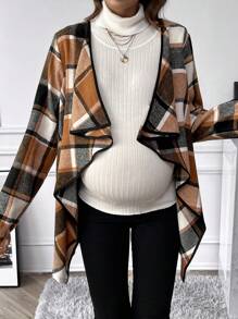 SHEIN Maternity Plaid Print Contrast Binding Open Front Jacket - Multicolor - View 3