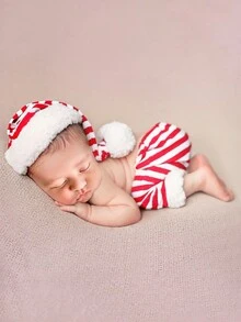 Baby Girl Striped Print Pom Pom Trimmed Hat & Shorts - Multicolor - View 4