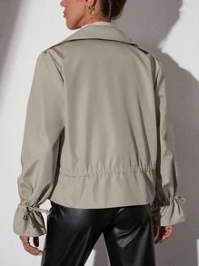EURMUSE Túi có nắp Eo dây rút tay áo lá sen Xoay eo Áo khoác Trench - Màu be - Xem 6