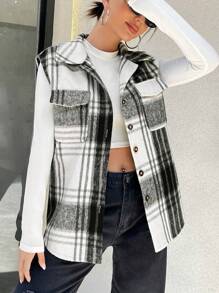 SHEIN Unity Plaid Print Flap Pocket Vest Overcoat - Black and White - View 7