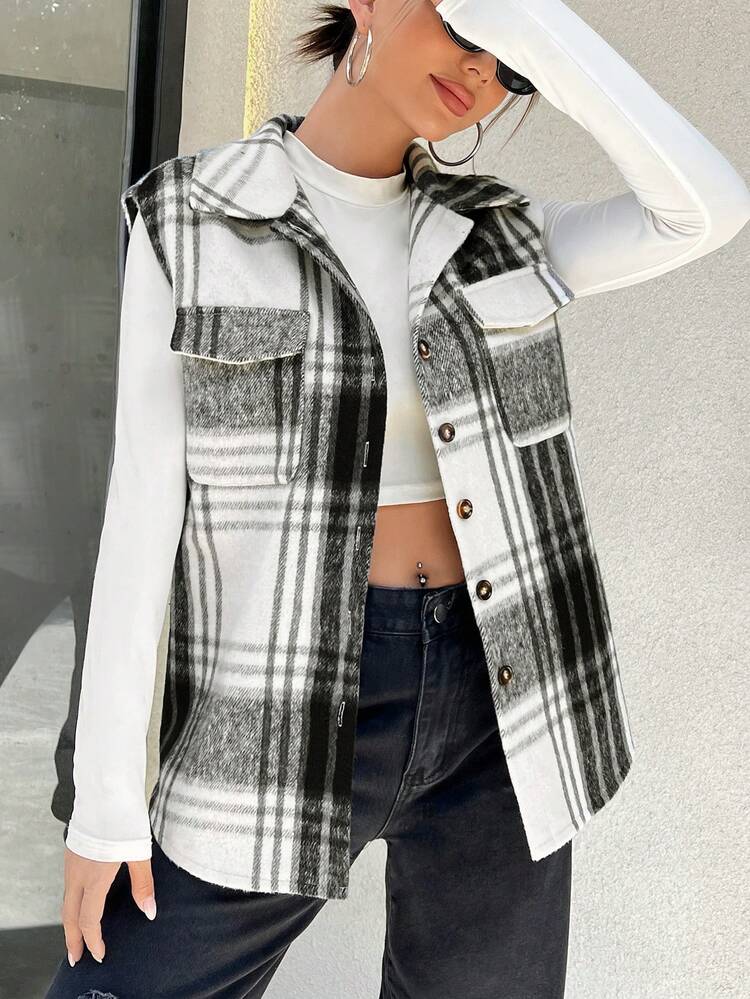 Plaid Print Flap Pocket Vest Overcoat