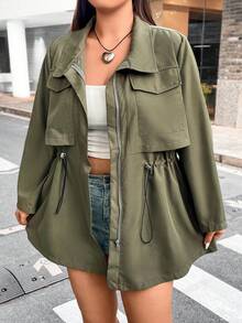 Flirla Talla grande Abrigo con bolsillo con solapa de cintura con cordón con cremallera - Verde militar - Ver 4