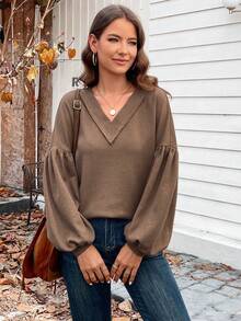 SHEIN LUNE Solid Lantern Sleeve Sweatshirt - Brown - View 3