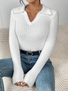SHEIN Frenchy Solid V-collar Fluffy Knit Sweater - White - View 5