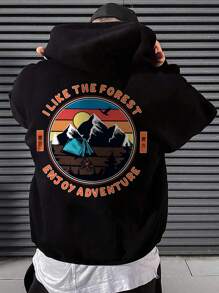 Manfinity Hypemode Men's Letter Printed Hooded Sweatshirt With Drawstring, Fashionable Style - Black - View 1