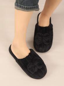 女士冬季保暖拖鞋，鞋底柔软轻便，饰有蝴蝶结，毛绒绒的，蓬松的拖鞋 - 黑色 - 查看 5